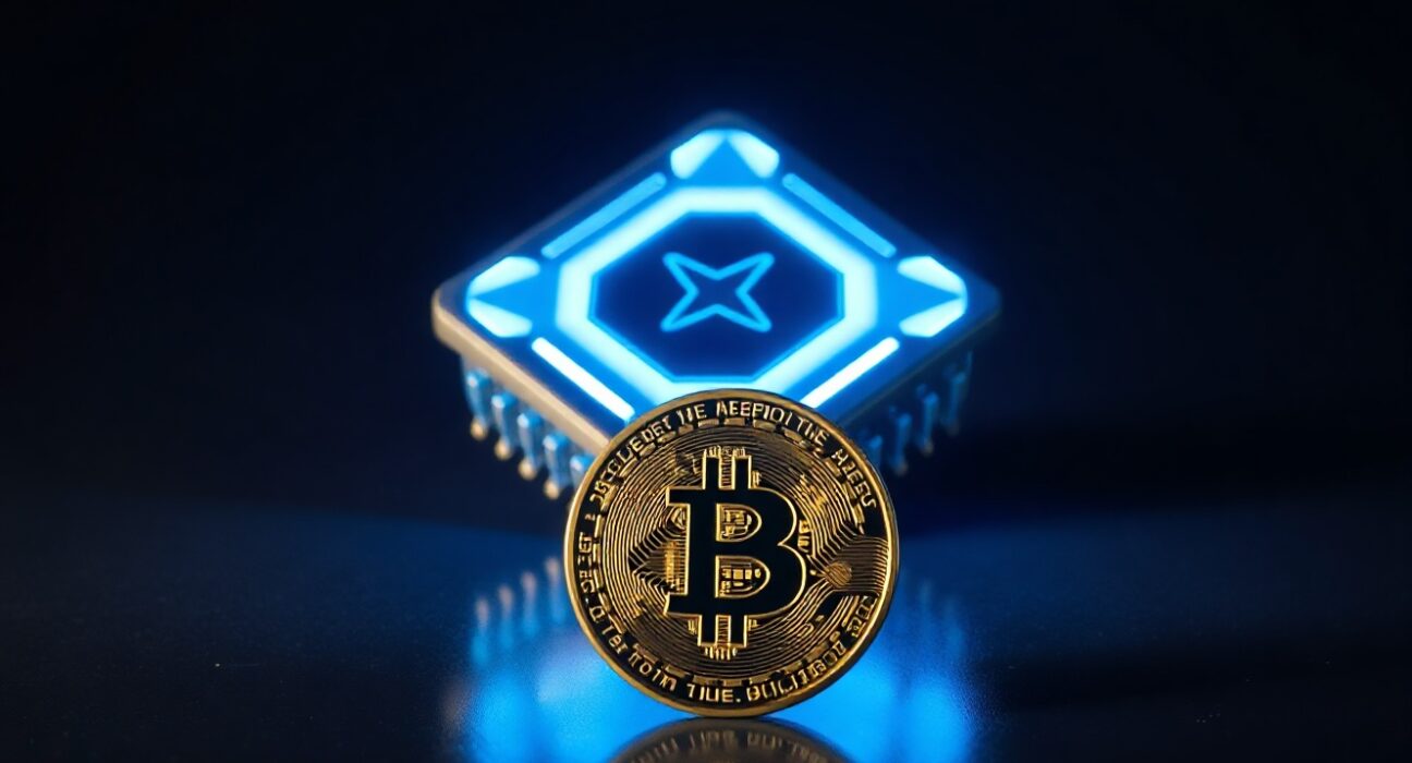 A quantum computer chip glowing blue next to a Bitcoin coin, illustrating the intersection of quantum technology and cryptocurrency.