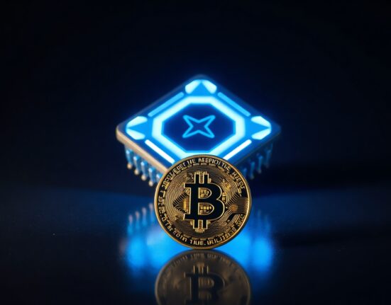 A quantum computer chip glowing blue next to a Bitcoin coin, illustrating the intersection of quantum technology and cryptocurrency.