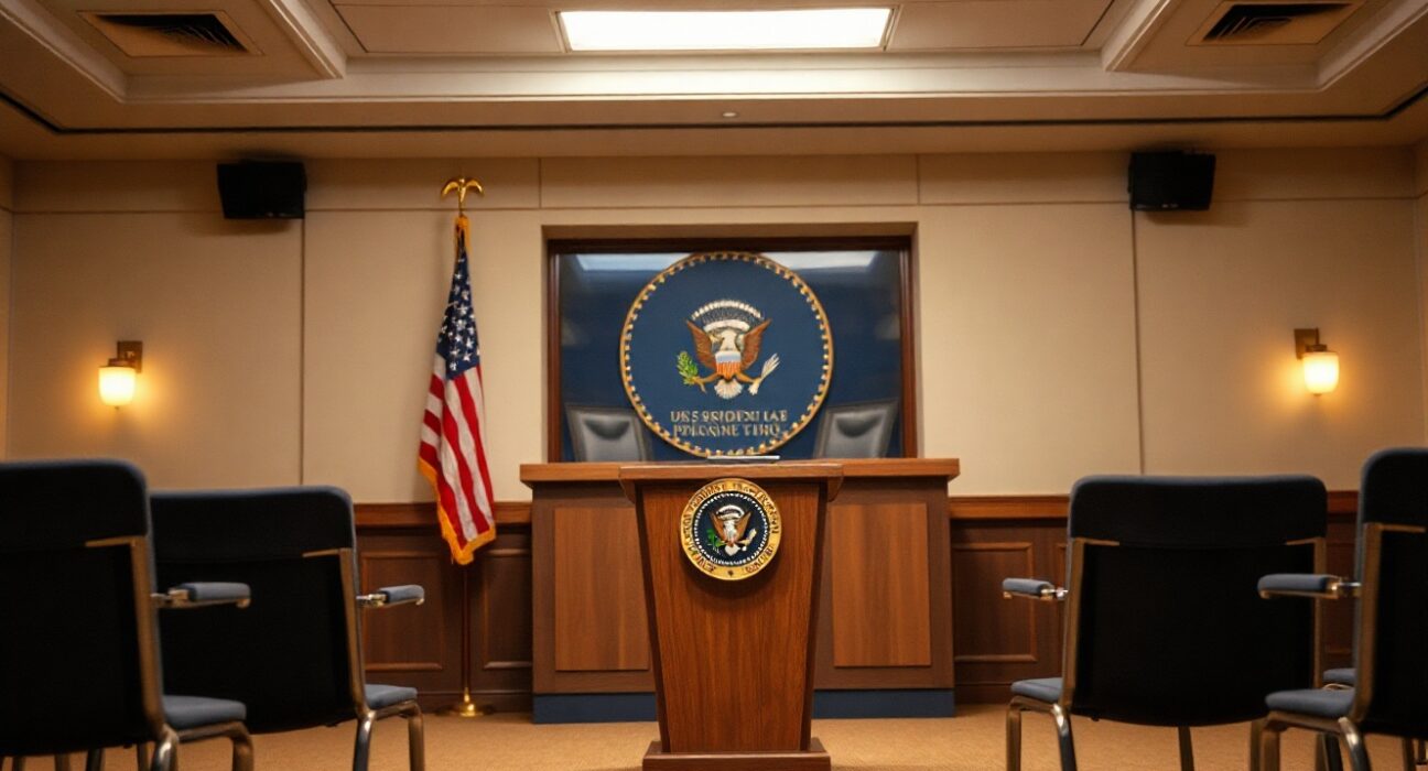 Presidential podium with seal in an empty briefing room, representing a formal U.S. government announcement.