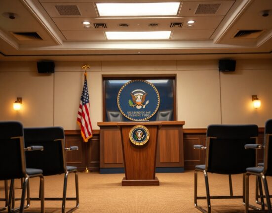 Presidential podium with seal in an empty briefing room, representing a formal U.S. government announcement.