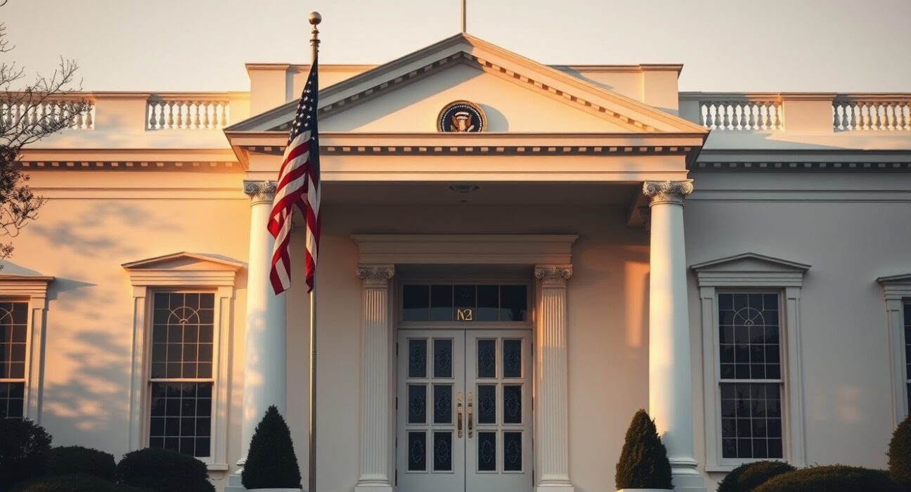 White House exterior on a clear afternoon, symbolizing US diplomatic decision-making on Iran negotiations.