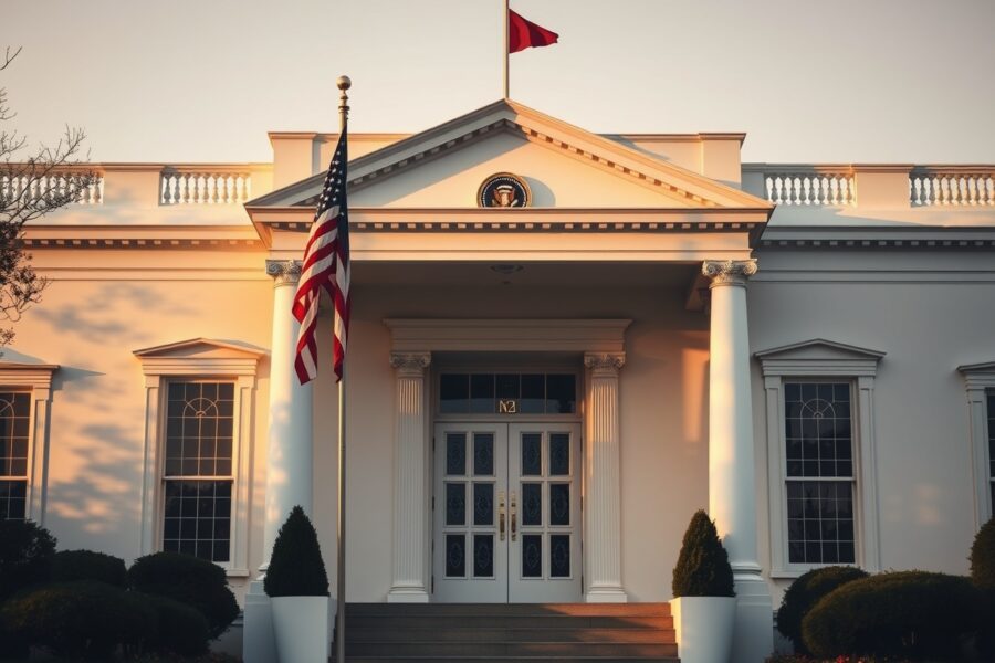 White House exterior on a clear afternoon, symbolizing US diplomatic decision-making on Iran negotiations.