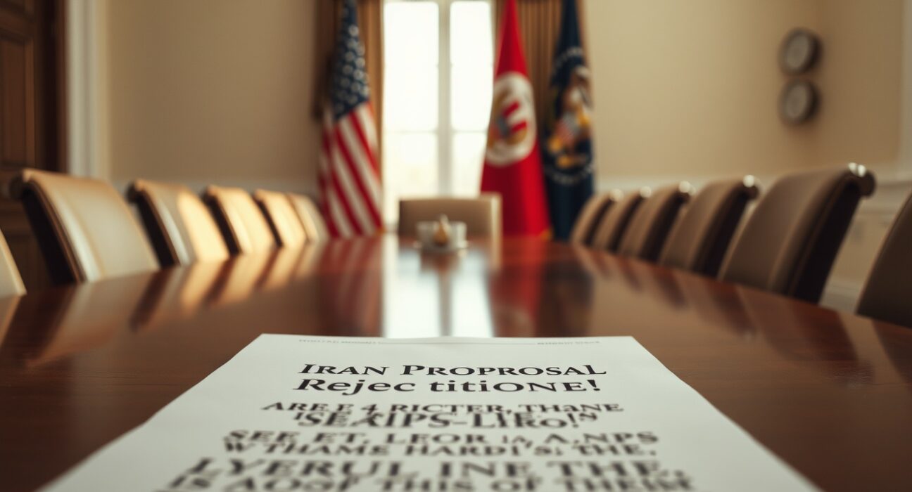 A formal diplomatic table with a US flag and a rejected Iran peace proposal document.