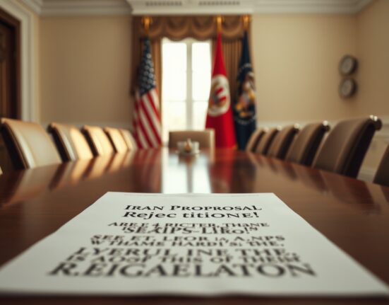 A formal diplomatic table with a US flag and a rejected Iran peace proposal document.