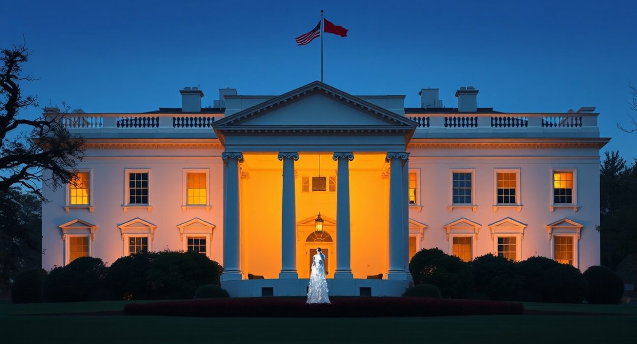 The White House at dusk following President Trump's rejection of Iran's diplomatic proposal.