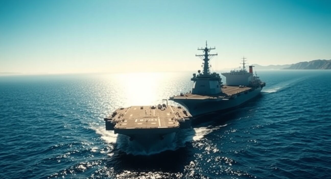 US Navy vessel and oil tanker in the Strait of Hormuz under clear skies
