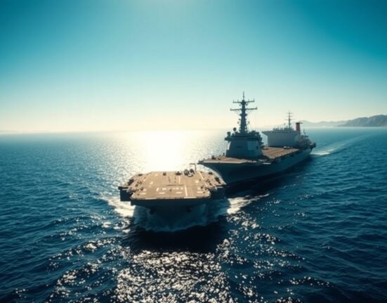 US Navy vessel and oil tanker in the Strait of Hormuz under clear skies