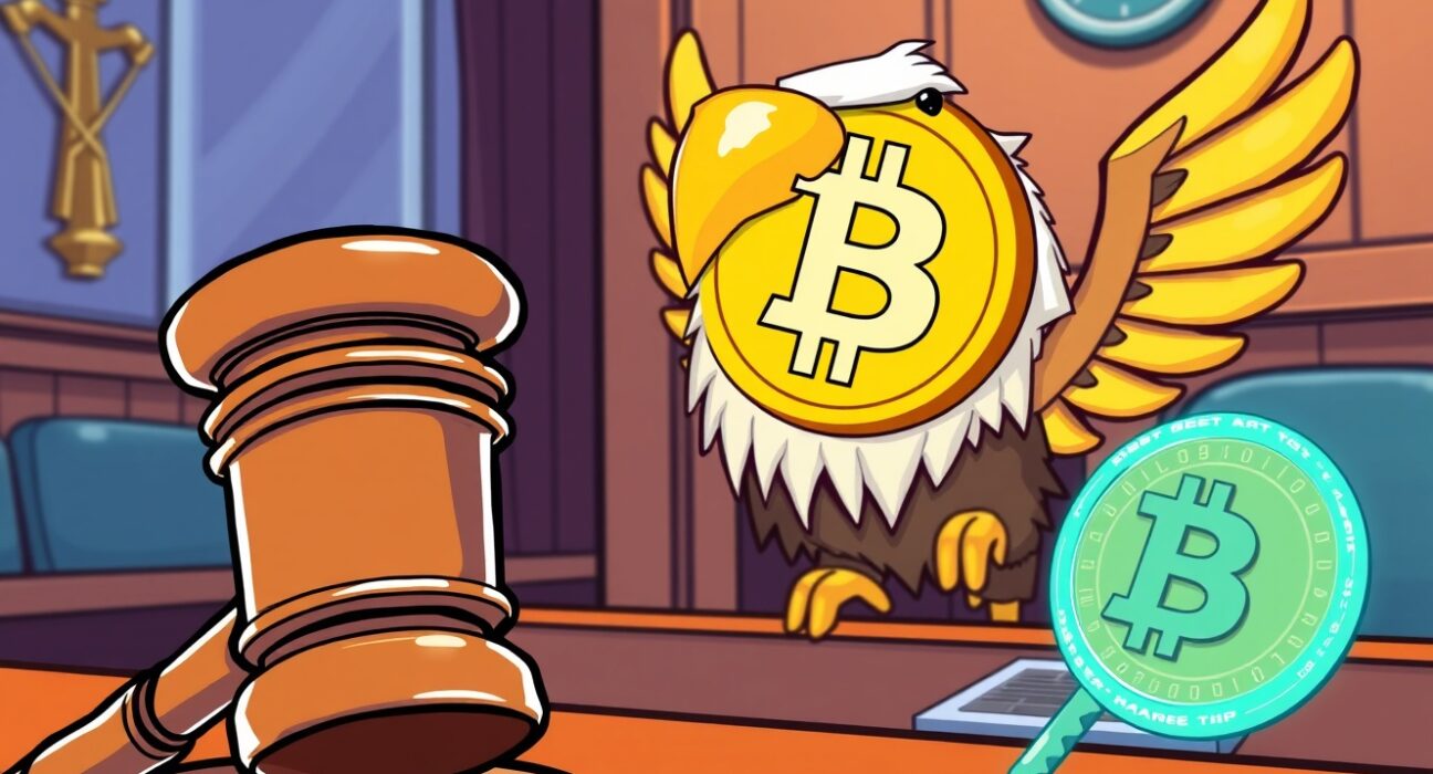 Cartoon illustration of a gavel and Bitcoin key symbolizing the Samourai Wallet legal review.