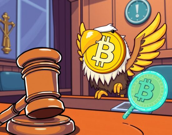 Cartoon illustration of a gavel and Bitcoin key symbolizing the Samourai Wallet legal review.