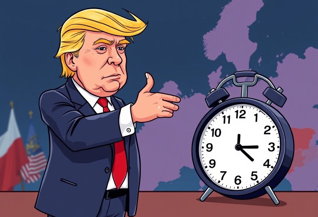 A cartoon illustration symbolizing the urgent Trump Russia ceasefire deadline and the complexities of international peace negotiations.