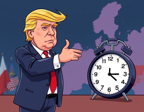 A cartoon illustration symbolizing the urgent Trump Russia ceasefire deadline and the complexities of international peace negotiations.