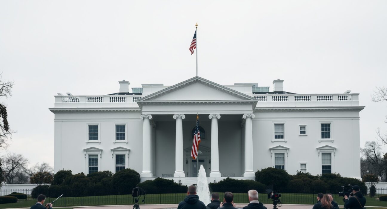White House exterior on a cloudy day with news cameras and journalists in foreground.