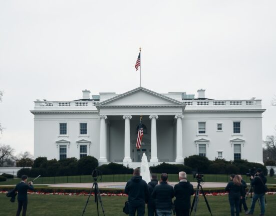White House exterior on a cloudy day with news cameras and journalists in foreground.