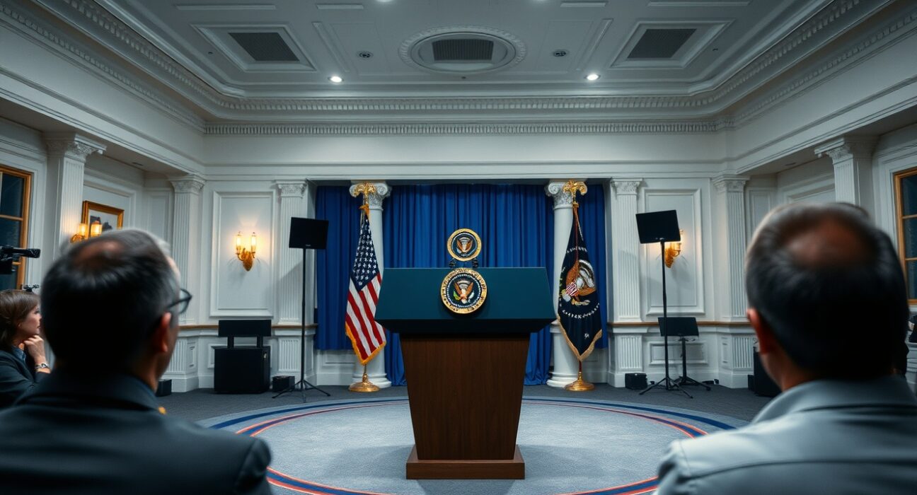 President Trump speaking at the White House podium during a televised address about Iran.