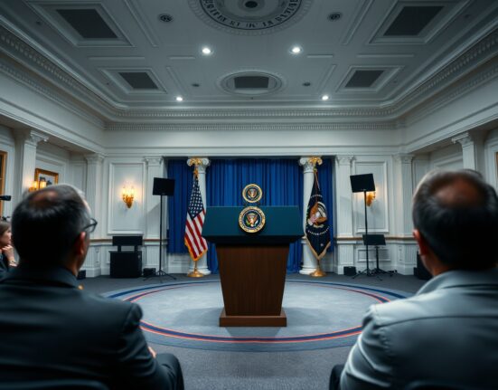 President Trump speaking at the White House podium during a televised address about Iran.