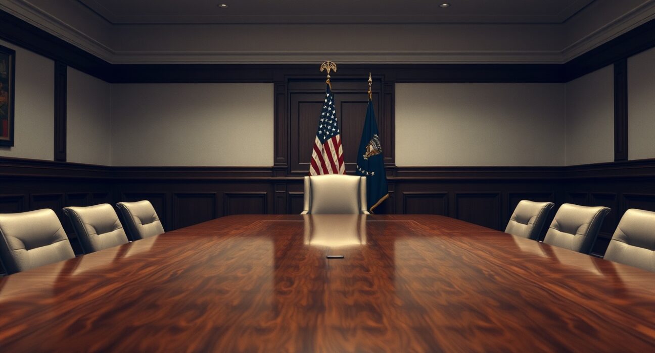 Empty conference room with a large wooden table and an American flag, representing US-Iran nuclear deal negotiations.