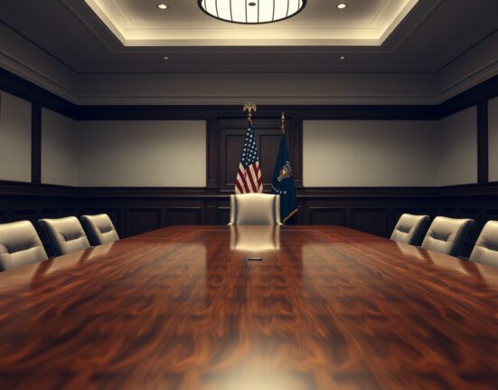 Empty conference room with a large wooden table and an American flag, representing US-Iran nuclear deal negotiations.