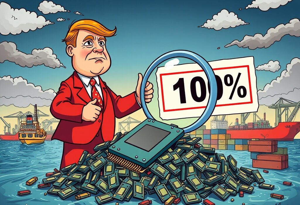 Cartoon showing the significant impact of a potential Trump semiconductor tariff on global chip trade and the tech industry.