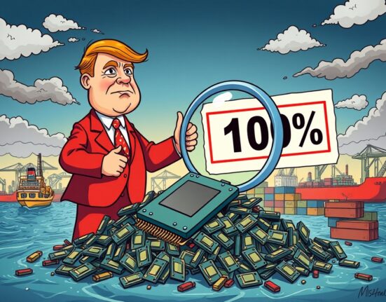 Cartoon showing the significant impact of a potential Trump semiconductor tariff on global chip trade and the tech industry.