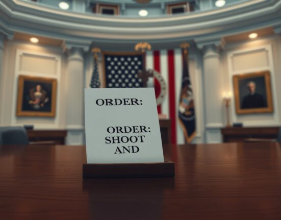 US President Trump's shoot and kill order document on a desk, symbolizing the controversial policy decision.