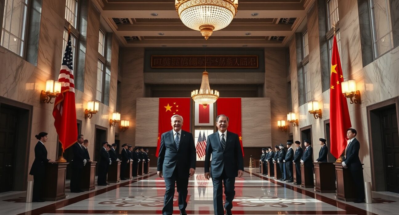 President Trump and Chinese President Xi Jinping walking together during a state visit in Beijing.