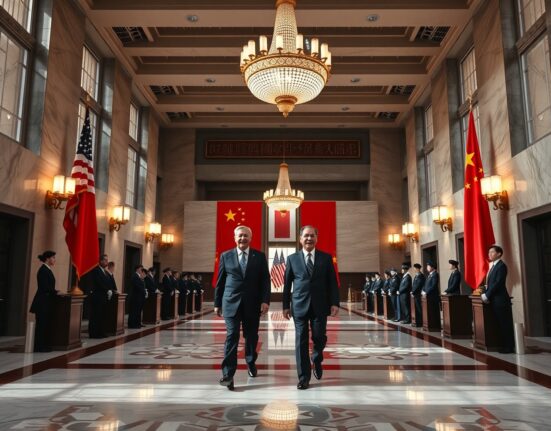 President Trump and Chinese President Xi Jinping walking together during a state visit in Beijing.