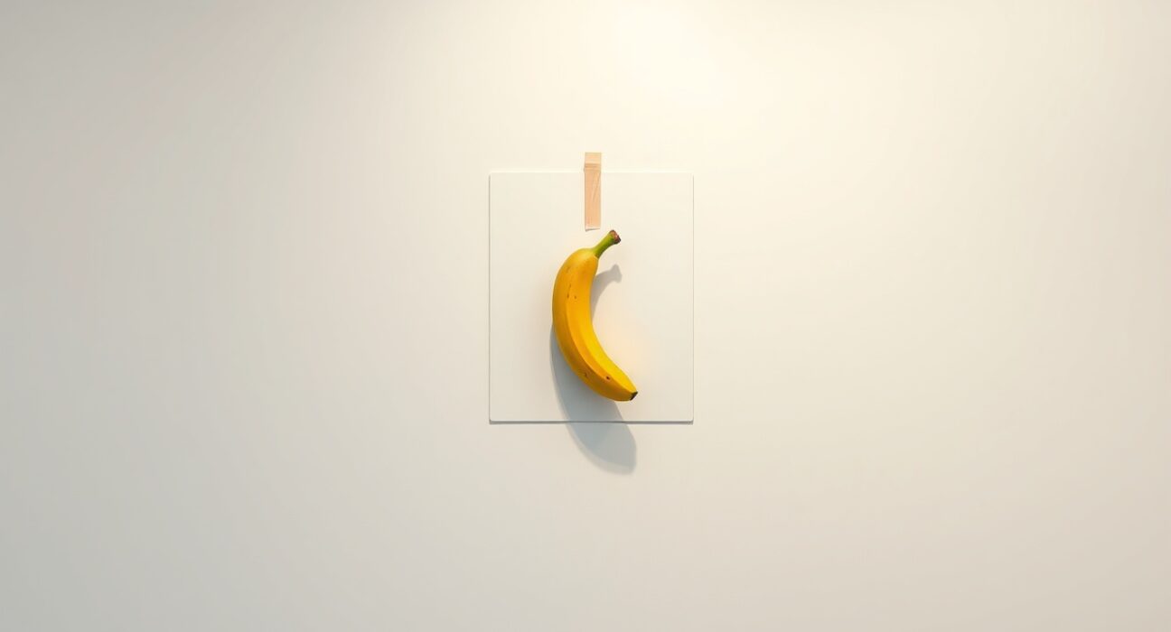 Justin Sun's controversial $6.2 million banana artwork taped to a wall.