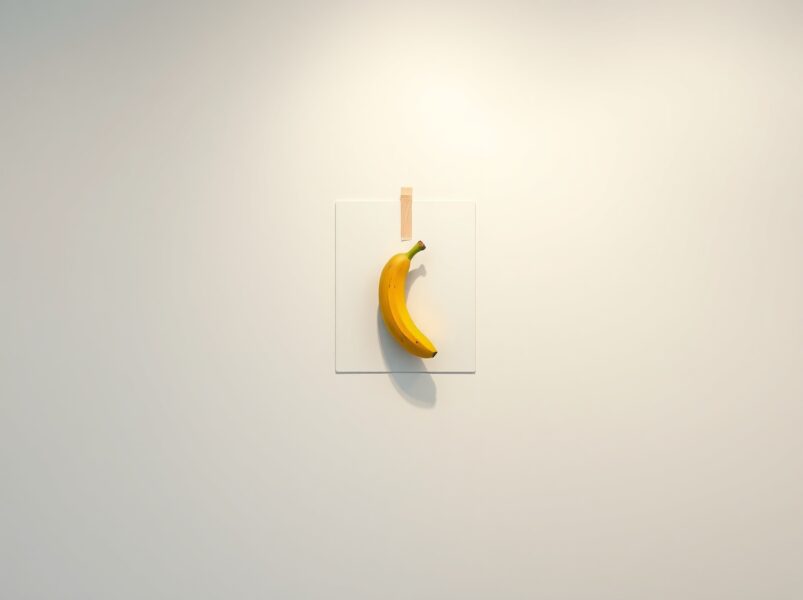 Justin Sun's controversial $6.2 million banana artwork taped to a wall.
