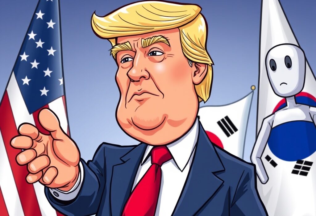 Cartoon illustration showing President Trump and a South Korean official engaging in discussions about the future of the Trump South Korea deal.