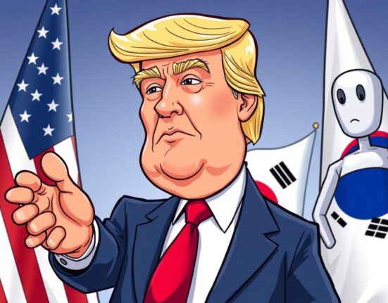 Cartoon illustration showing President Trump and a South Korean official engaging in discussions about the future of the Trump South Korea deal.