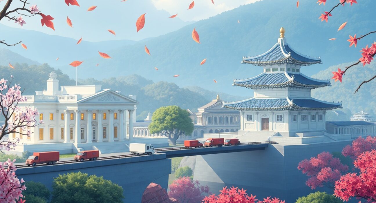 Symbolic representation of Trump's collaborative tariff solution between the US and South Korea in trade negotiations.