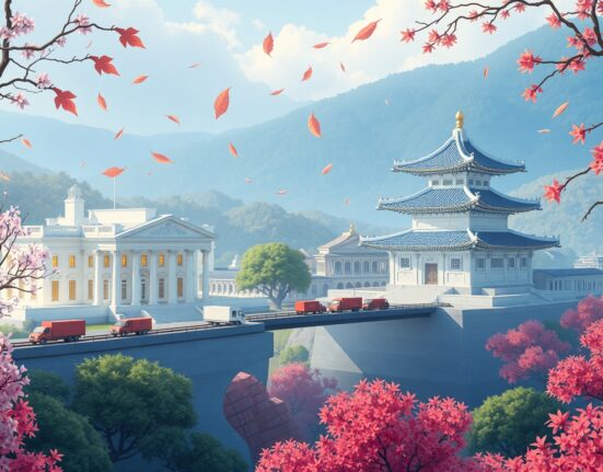 Symbolic representation of Trump's collaborative tariff solution between the US and South Korea in trade negotiations.