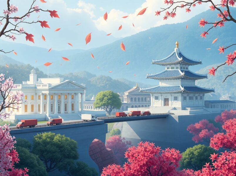 Symbolic representation of Trump's collaborative tariff solution between the US and South Korea in trade negotiations.