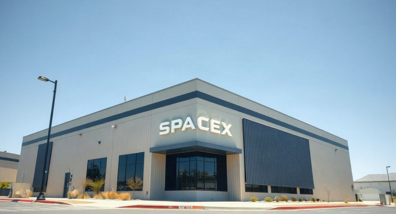Exterior view of the SpaceX headquarters building in Hawthorne, California.