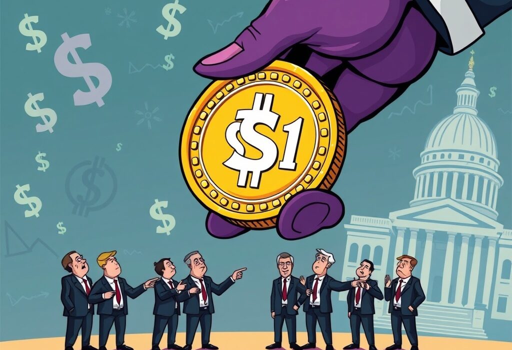 A cartoon illustration depicting the conflict surrounding Trump stablecoin ties, with senators expressing concern over potential influence.