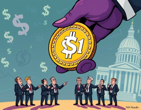 A cartoon illustration depicting the conflict surrounding Trump stablecoin ties, with senators expressing concern over potential influence.