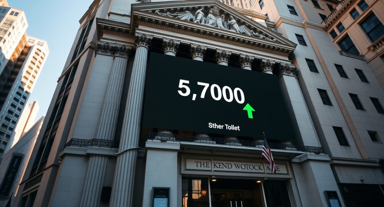 New York Stock Exchange with S&P 500 index display showing 5,700