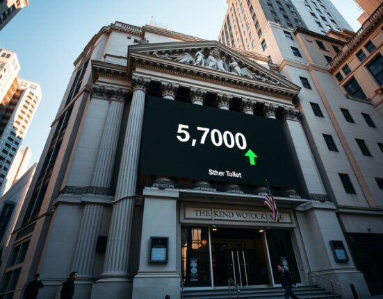 New York Stock Exchange with S&P 500 index display showing 5,700