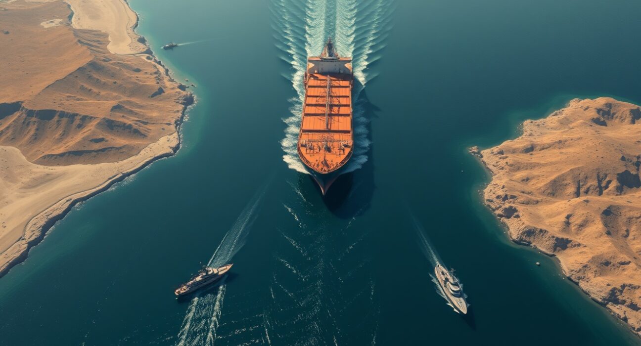 Strategic aerial view of an oil tanker transiting the narrow Strait of Hormuz chokepoint.