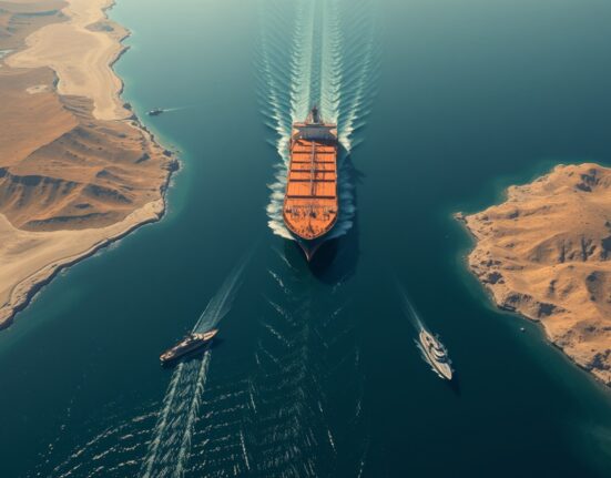 Strategic aerial view of an oil tanker transiting the narrow Strait of Hormuz chokepoint.