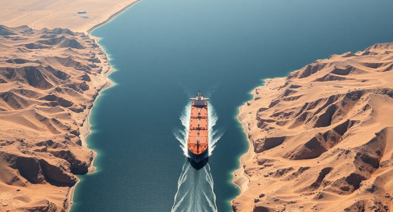 Oil tanker navigating the strategic Strait of Hormuz waterway critical for global energy security.