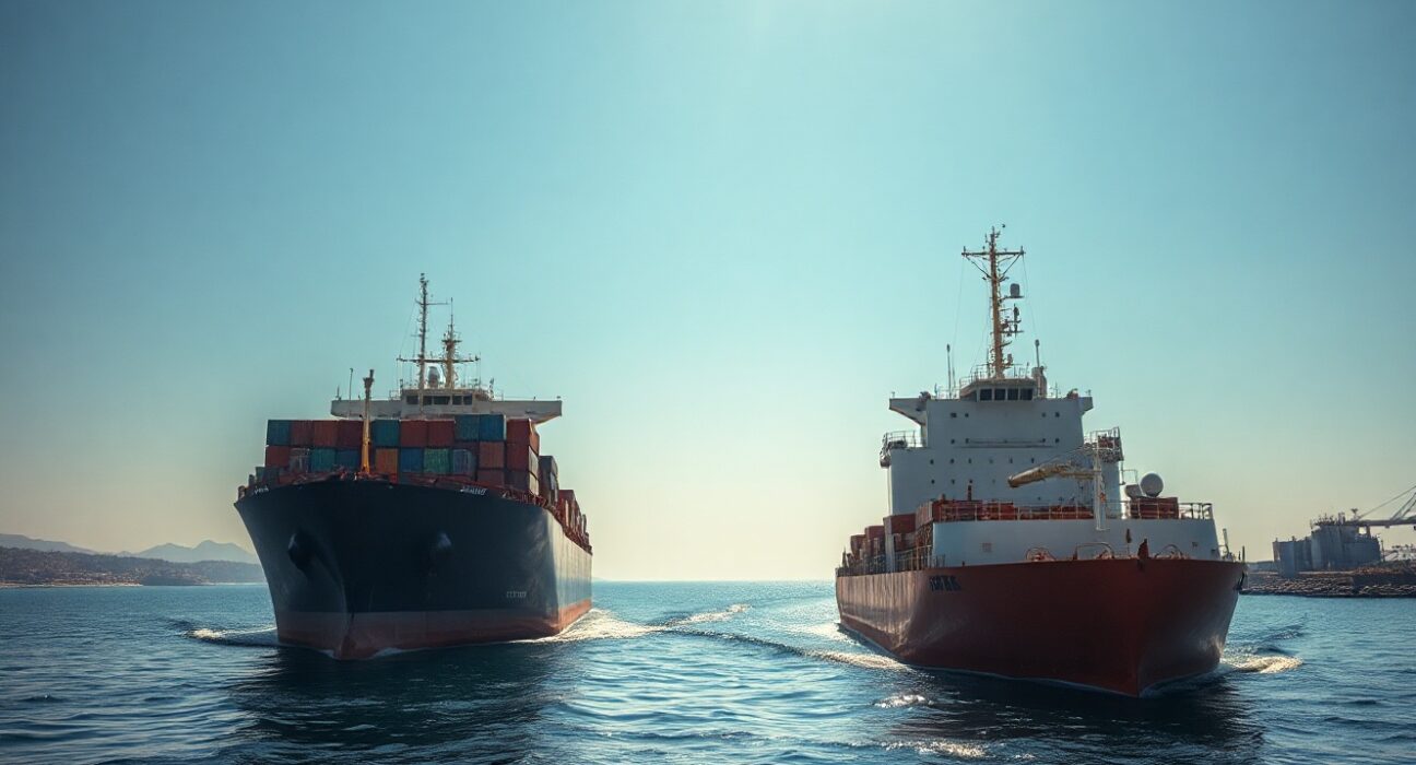 A cargo ship and oil tanker navigate the Strait of Hormuz under a clear sky.