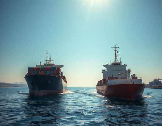 A cargo ship and oil tanker navigate the Strait of Hormuz under a clear sky.
