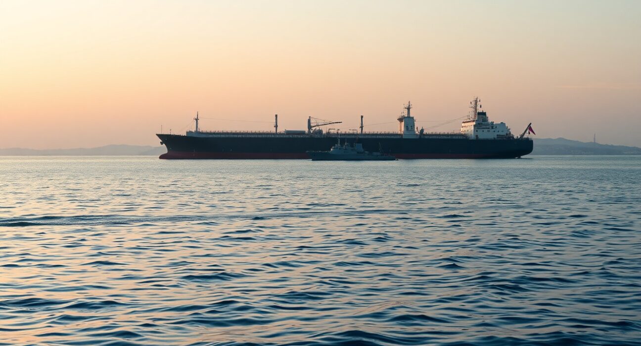 Oil tanker and naval vessel in the Strait of Hormuz at sunrise