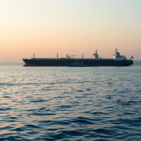 Oil tanker and naval vessel in the Strait of Hormuz at sunrise