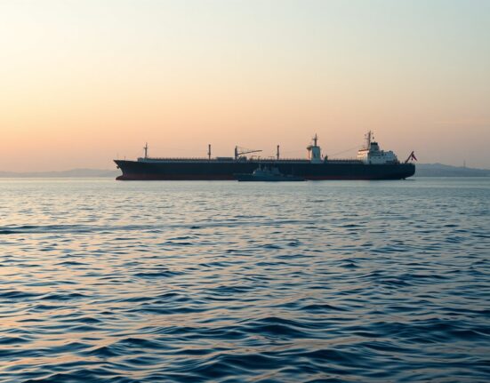 Oil tanker and naval vessel in the Strait of Hormuz at sunrise