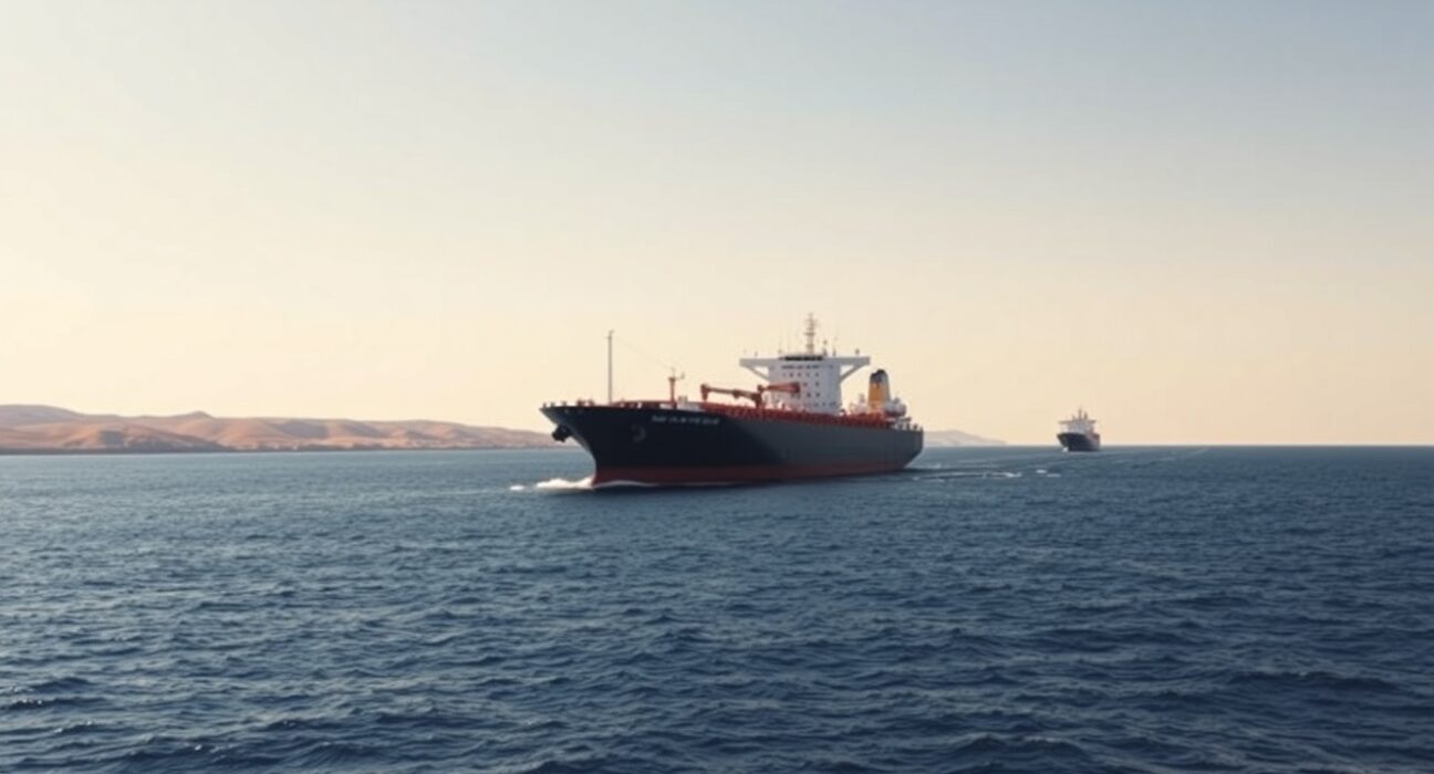 Oil tanker sailing through the Strait of Hormuz under a clear sky.