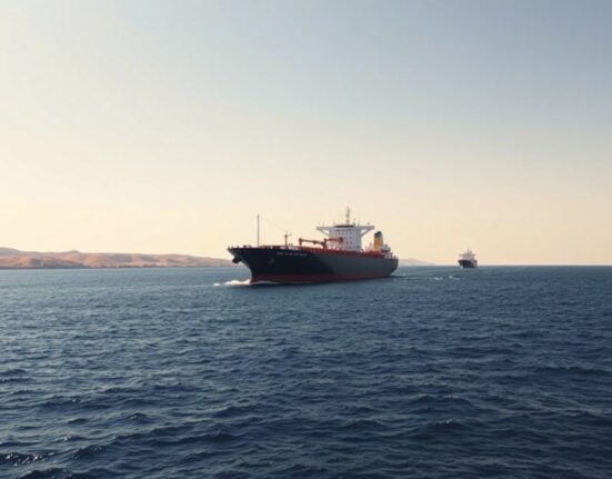Oil tanker sailing through the Strait of Hormuz under a clear sky.
