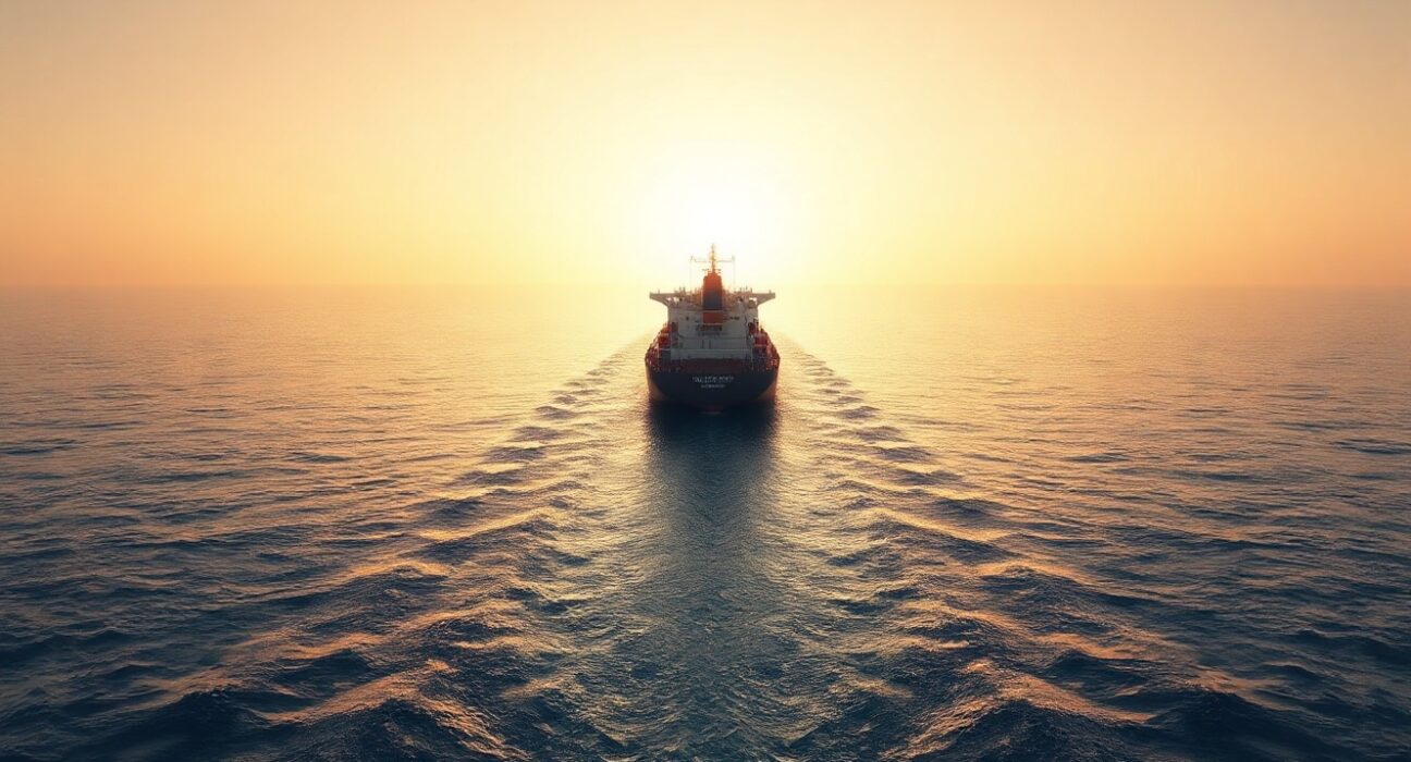 Oil tanker navigating the Strait of Hormuz at sunrise, a key global shipping chokepoint.
