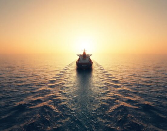 Oil tanker navigating the Strait of Hormuz at sunrise, a key global shipping chokepoint.